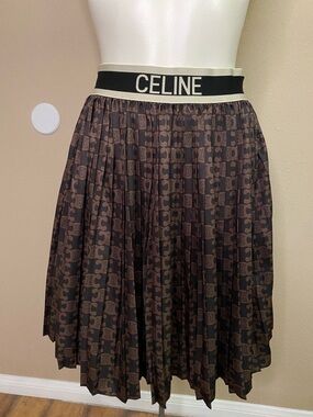 Celine Brown black Pleated Skirt with Contrast Waistband
